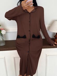 SweetSlumber Women's Brushed Ribbed Bow Knot Loungewear Dress - Brown - View 6