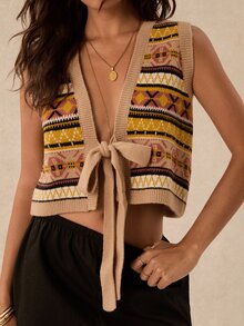Easelle Vintage Bohemian Lace-Up Pattern Women's Knitted Top - Multicolor - View 6