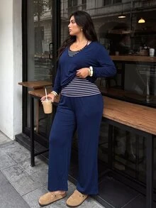 Elaquor Plus Size Striped Patchwork 2 In 1 T-Shirt And Pants 2 Pieces Set Fall - Navy Blue - View 3
