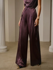 ZEYLAH Jumpsuit Wanita Polos Kancing Tunggal dengan Desain Lipit dan Kaki Lebar yang Elegan - Purple - View 4