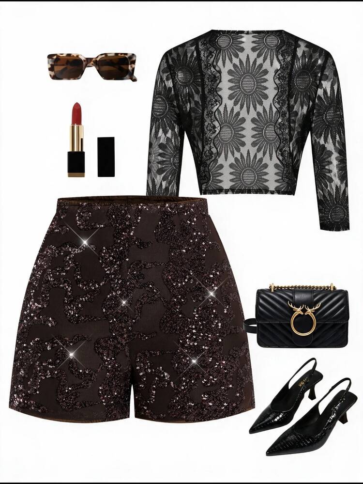 SHEIN Clasi Vintage Elegant Glamorous Sequin Shorts, Suitable For Parties - Brown - View 12