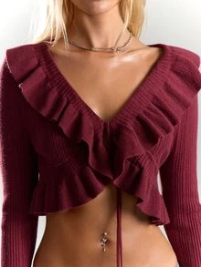 BAD SUNDAY Women's Sexy Deep V-Neck Ruffle Trim Cropped Cardigan Sweater, Vintage Y2K Hot Girl Style, Autumn/Winter - Burgundy - View 5