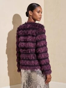 Vesra Shiny Faux Fur Cross Collar Belted Wrap Party Elegant Women's Regular Coat - Red Violet - View 2