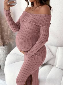SHEIN 孕婦純色露肩長袖羅紋修身優雅洋裝 - 粉色 - 查看 1
