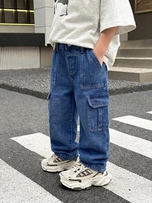 SHEIN 兒童小男孩休閒日常穿著工裝牛仔長褲，附口袋與鈕扣 - 深色水洗藍 - 查看 3