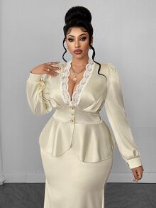 Maweii Plus Size Women's Elegant Party Casual Commute Slim Fit Puff Short Sleeve Lace Deep V-Neck Sexy Beige Blouse - Beige - View 4
