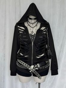 Sunspun Plus Size Distressed Hollow Out Cool Style Y2K Ripped Sweatshirt Halloween - Black - View 1