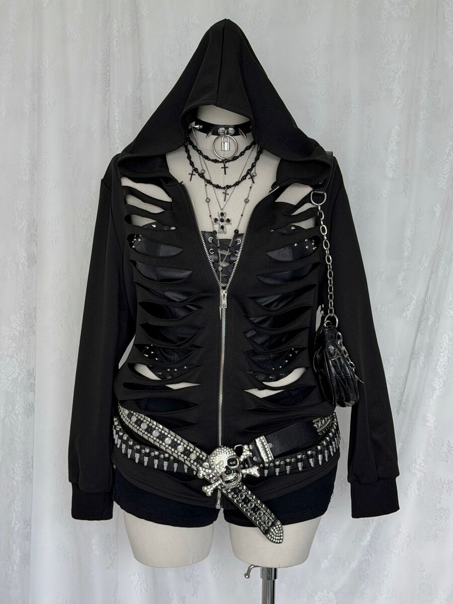 Sunspun Plus Size Distressed Hollow Out Cool Style Y2K Ripped Sweatshirt Halloween - Black - View 1