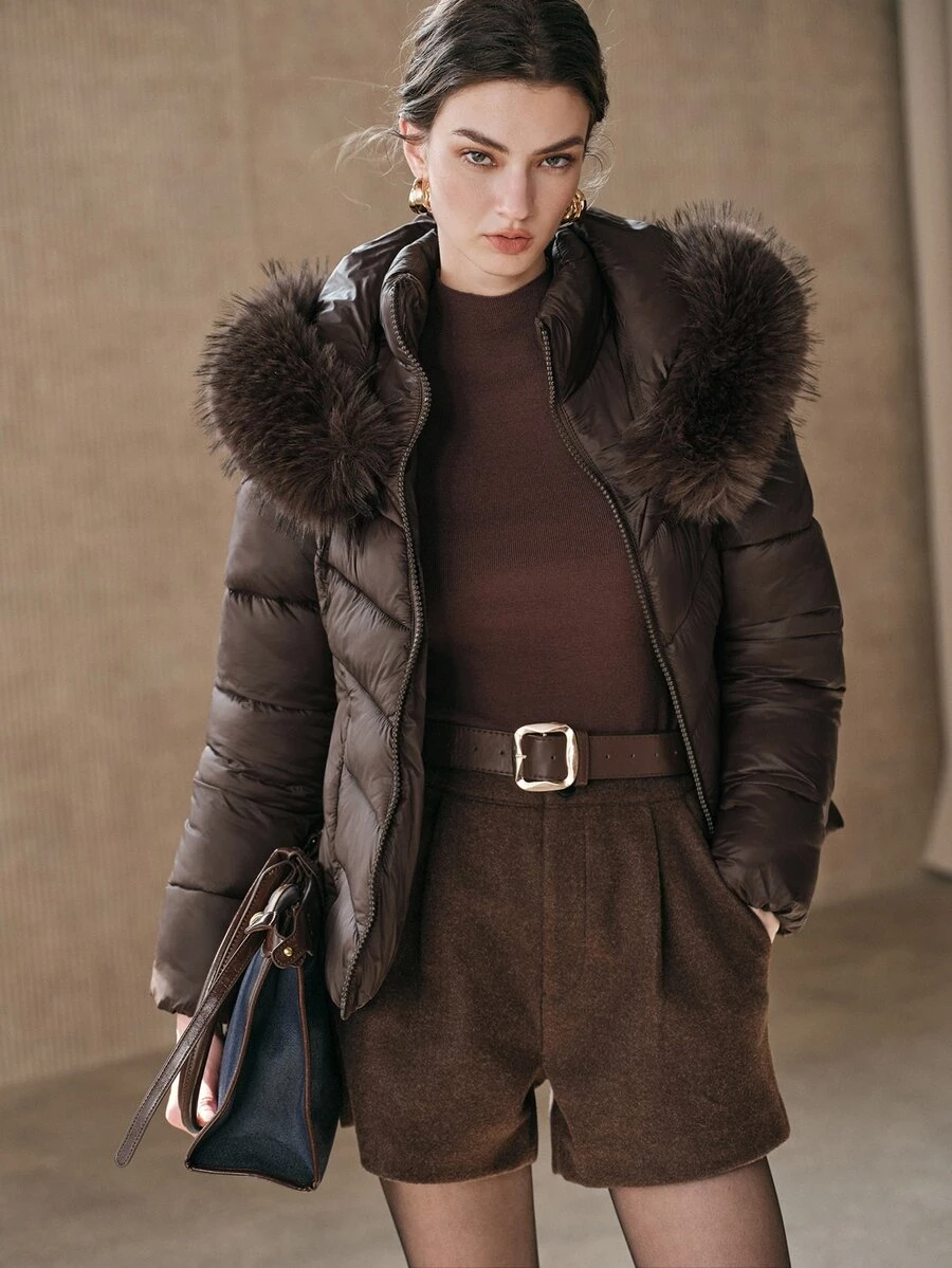 Anewsta Winter Brown Detachable Hood Fur Collar Padded Coat - Coffee Brown - View 1