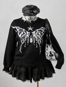 GlowEve CURVE Plus Size Autumn/Winter Fashion Butterfly Pattern Sweater Halloween Going Out Concert Black Goth 90s - Black and White - View 4
