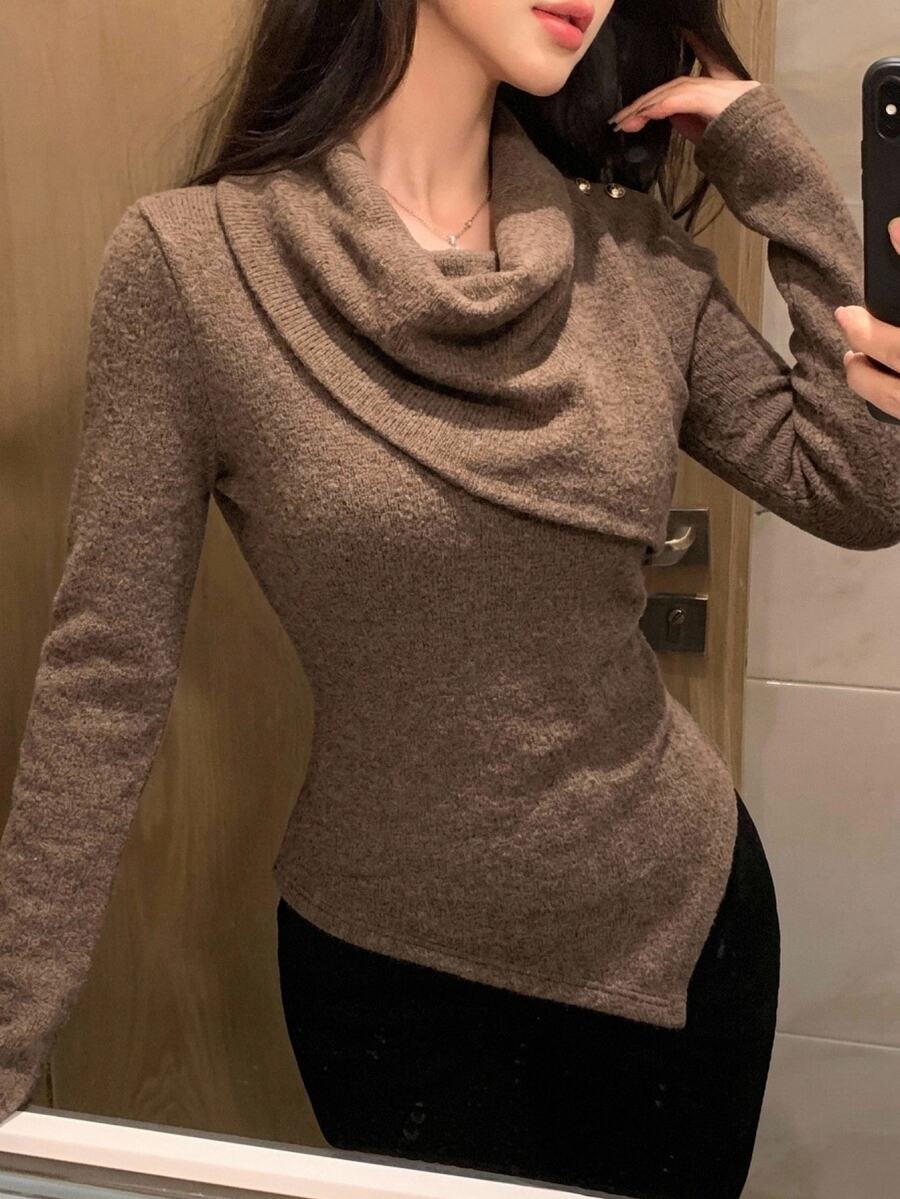 Joudiya 女款優雅法式純色不對稱下擺垂領長袖T恤,秋冬高茶約會咖啡棕上衣 - 駝色 - 查看 1