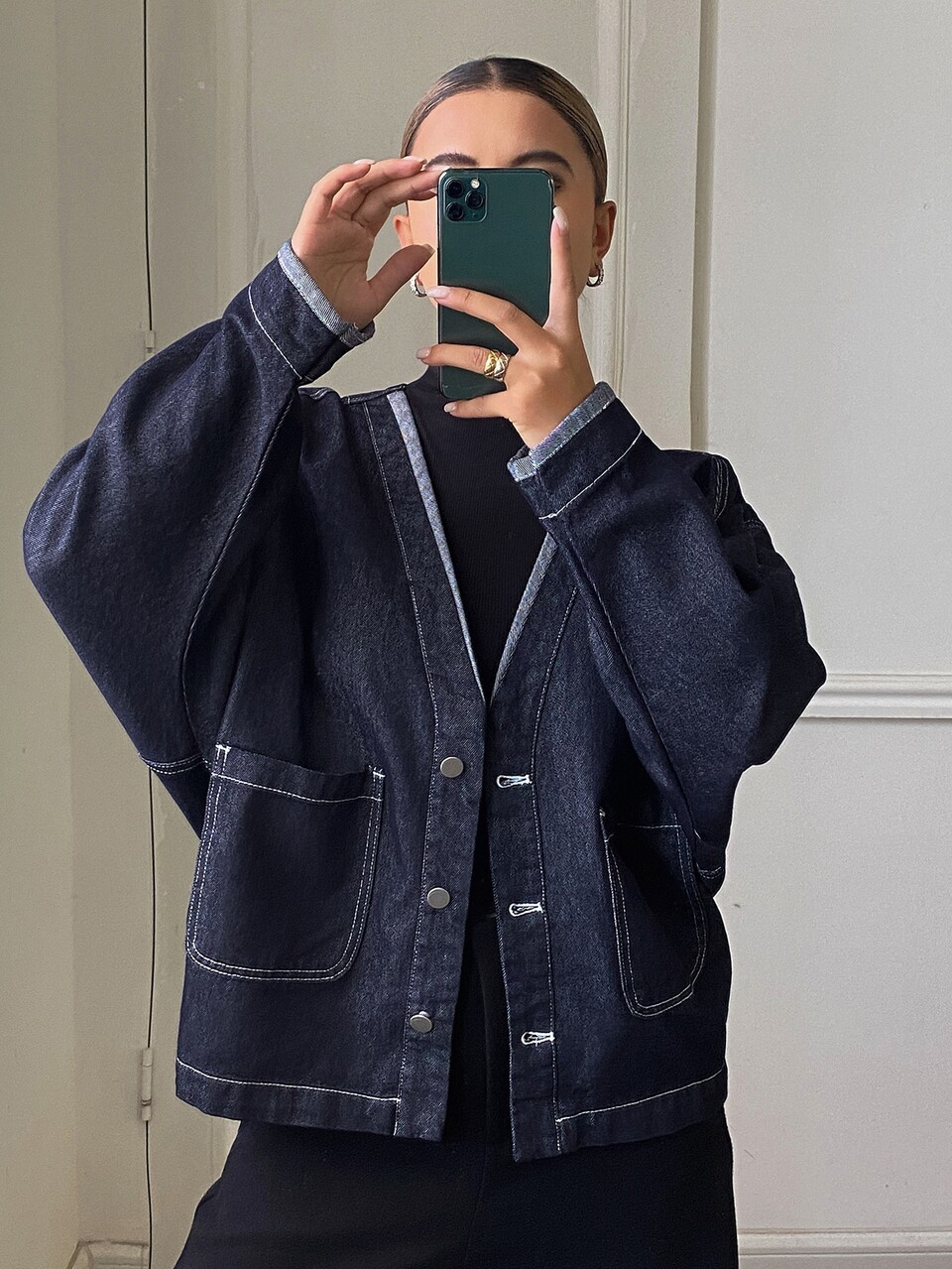 Women's Contrast Stitching Loose Long Sleeve V-Neck Pocket Casual Streetwear Vacation Spring Autumn Denim Jacket And Outerwear
