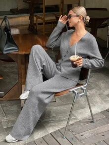 DAZY Women's Solid Color Long Sleeve Single-Breasted Knit Cardigan And Knit Pants Casual 2 Pieces Set Fall - Grey - View 1