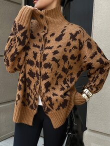 DAZY Autumn/Winter Leopard Print Lapel Single-Breasted Loose Silhouette Cardigan Long Sleeve Slouchy Personalized Street Commute Fashion Women's Open Front Sweater - Brown - View 8