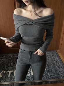 DAZY Women's Solid Color Twisted Knot Off-Shoulder Long Sleeve Fashion Sweater Fall - Grey - View 7
