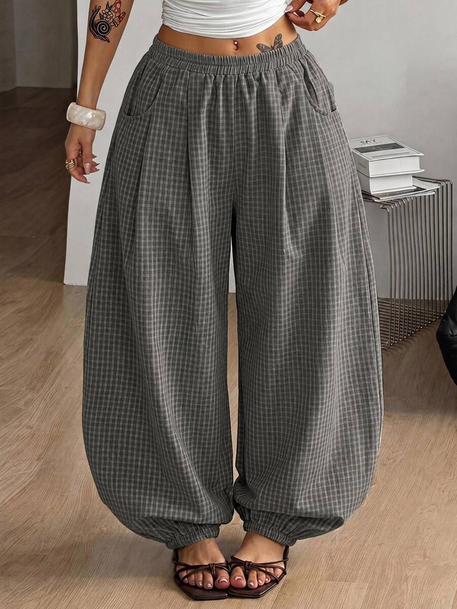 Coolane Women's Plaid Curved Leg Tapered Pants - Dark Grey - View 1