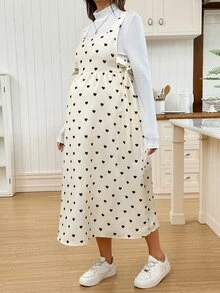 SHEIN Maternity Solid Color Turtleneck Long Sleeve T-Shirt And Heart Pattern Suspender Dress 2pcs Set Winter Outfit For Women Burgundy Dress - Brown - View 3