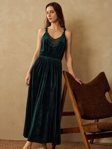 MOTF PREMIUM WOMEN'S VELVET PATCHWORK SHEER MESH LACE WAIST-CINCHING CAMISOLE SLEEP DRESS - Green - View 1