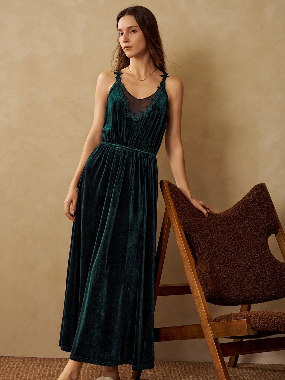 MOTF WOMEN'S VELVET PATCHWORK SHEER MESH LACE WAIST-CINCHING CAMISOLE SLEEP DRESS