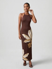 CAJUNI Gaun Panjang Bordir Emas untuk Liburan yang Elegan - Coklat - View 1