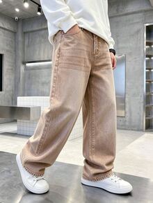 SHEIN Sparklyn 青少年男孩復古基礎休閒學院風寬鬆直筒牛仔褲，附口袋 - 金色 - 查看 3