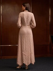 MOTF PREMIUM WOMEN'S AUTUMN/WINTER LACE MOCK NECK RUFFLE PATCHWORK CINCHED WAIST ASYMMETRICAL HEM DRESS - Dusty Pink - View 5