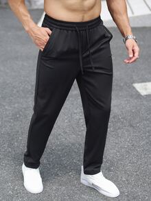 Manfinity Homme 男士休閒百搭純色抽繩腰長褲 - 黑色 - 查看 4