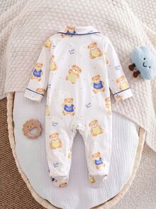 SHEIN 新生兒卡通熊印花單排扣連身衣居家服 - 米色 - 查看 2