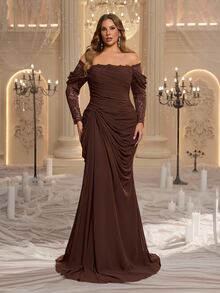 Glamrae Plus Size Elegant Glamorous Coffee Brown Cold Shoulder Lace Patchwork Heavy Embellishment Draped Evening Gown - Coffee Brown - View 1