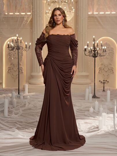 Glamrae Plus Size Elegant Glamorous Coffee Brown Cold Shoulder Lace Patchwork Heavy Embellishment Draped Evening Gown