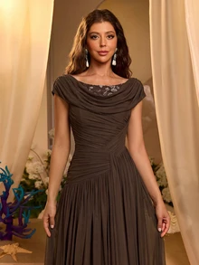 Glamrae Elegant Romantic Beaded Sequin Patchwork Elastic Knit Mesh Ruched Cowl Neck Flared Evening Gown Wedding Gala Dinner Prom Vacation Ball Festival Fall - Brown - View 3