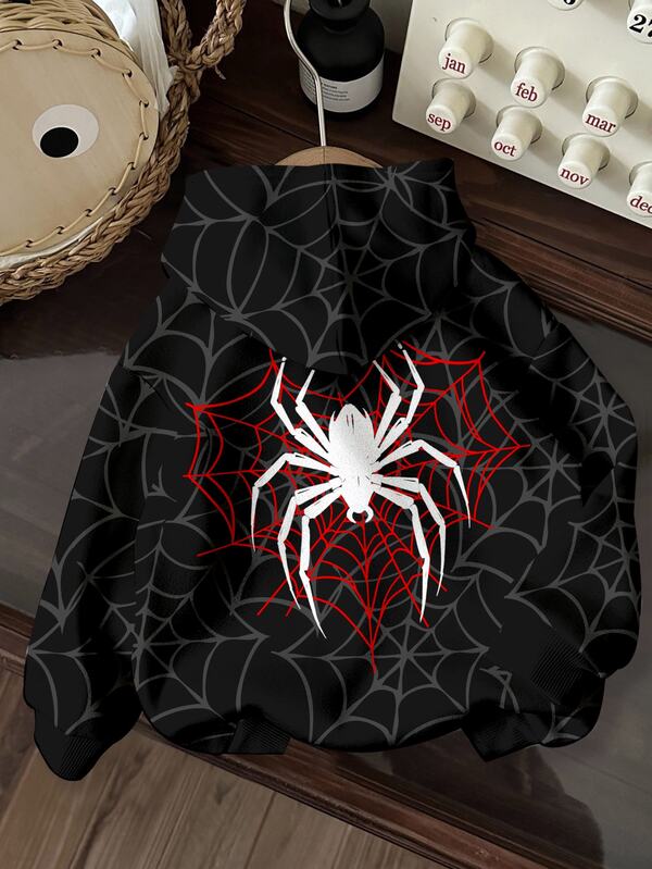 Dark Gothic Black, Y2K Contrast Red Heart Spider Web Spider Pattern Print, Women's Casual Comfortable Thick Hooded Sweatshirt Suitable For Autumn/Winter Daily Wear, Layering, Outings, Spooky Season, Halloween, Music Festivals, American Cool Street Style, Midnight Spider Web Era, Favorite Superhero Ghost Spider-Woman, Spider Fan