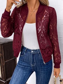 SHEIN Clasi 初秋女款優雅精緻薄款蕾絲短夾克 - 酒紅色 - 查看 3
