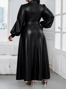 SHEIN Lady 大尺碼女款純色缺口V領燈籠袖優雅洋裝 - 黑色 - 查看 2