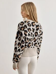 Trelyra Woman Leopard Jacquard Print Detailed Cozy Soft Oversize Sweater - Brown - View 2