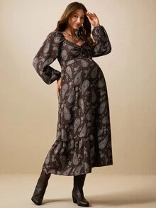 Boho Mama Maternity Vacation Paisley Pattern Twist Design Long Sleeve Casual Dress - Coffee - View 4
