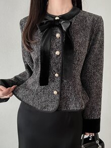 FRIFUL Jaket Wanita Lengan Panjang Elegan Potongan Reguler dengan Hiasan Pita untuk Musim Gugur - Grey - View 7