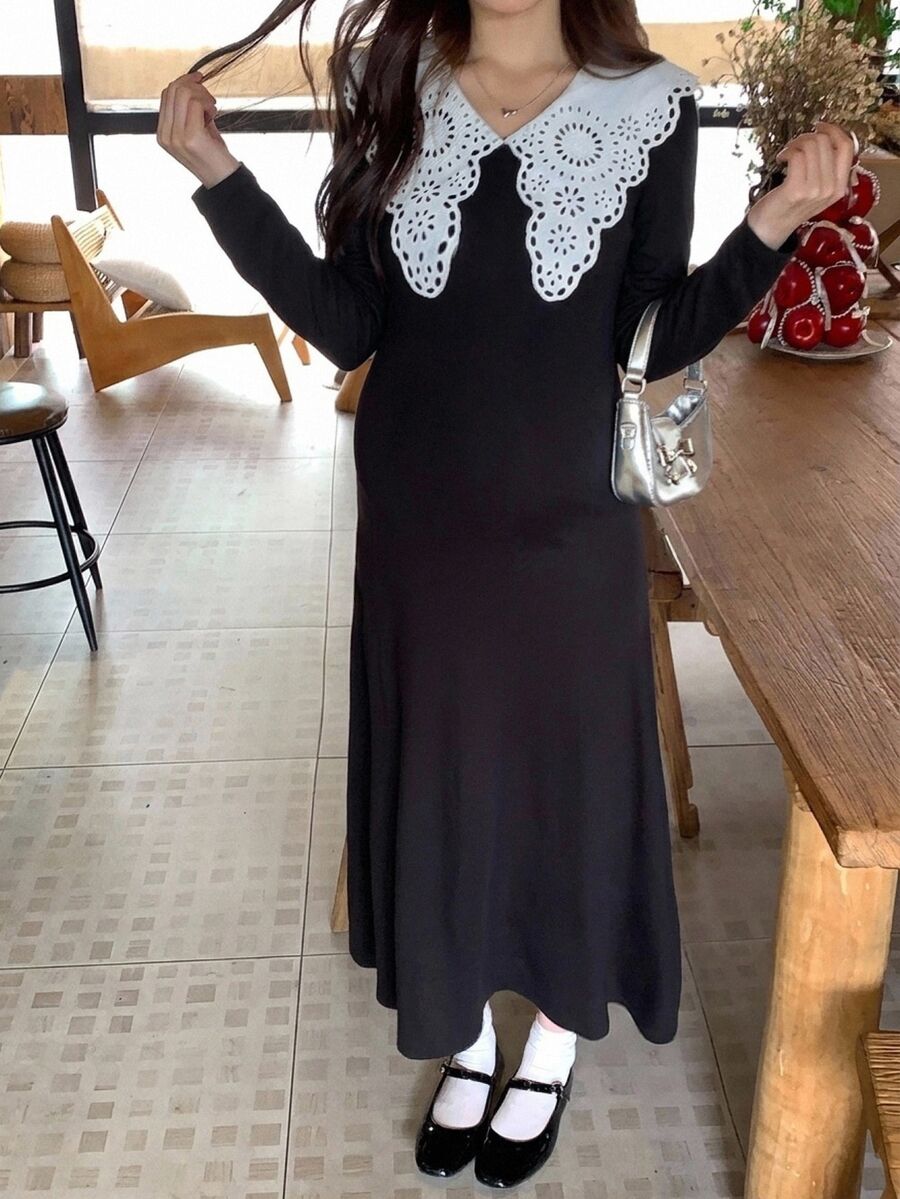 DAZY Contrast Trim Elastic Fitted Long Sleeve Long Casual Vacation Korean Style Spring Autumn Maternity Dress - Black - View 1