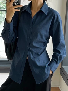 DAZY Blusa de mujer con cuello de solapa y cintura ceñida, estilo casual de negocios, nueva para otoño - Azul Marino - Ver 3