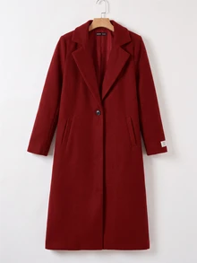 SHEIN EZwear 女款格紋羊毛大衣，內裡字母圖案，秋冬款 - 酒紅色 - 查看 1