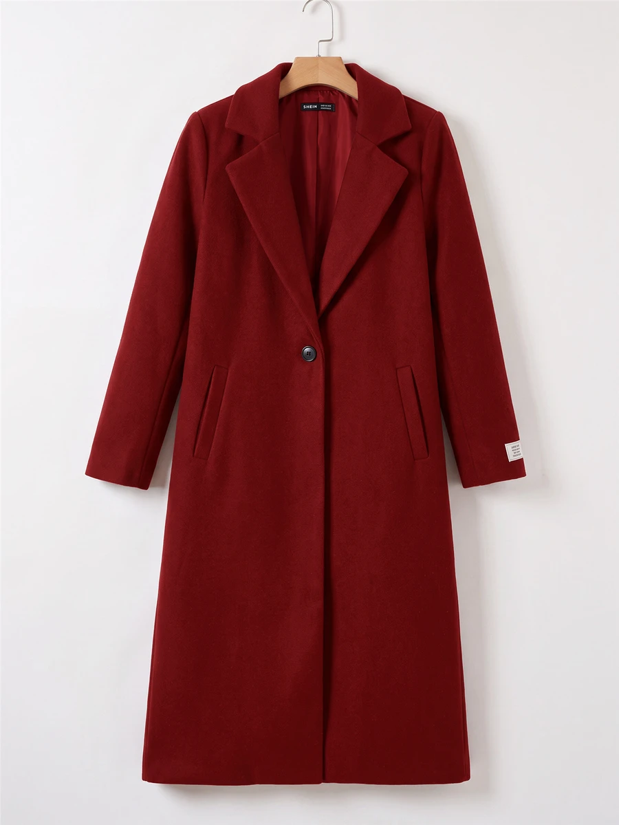 SHEIN EZwear 女款格紋羊毛大衣,內裡字母圖案,秋冬款 - 酒紅色 - 查看 1