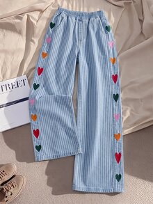 EMERY ROSE Plus Size Striped Heart Embroidered Denim Jeans - Multicolor - View 1