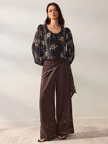 Willow Rêve Women's Black Loose Bell Sleeve Chiffon Blouse, Lace Trim With Tie Front, Vintage Floral Romantic Bohemian Style, Suitable For Spring/Autumn Vacation And Party Wear - Multicolor - View 7