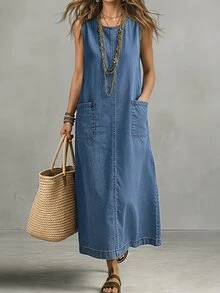 SHEIN PETITE Women's Round Neck Sleeveless Dual Pocket Casual Denim Dress - Blue - View 6