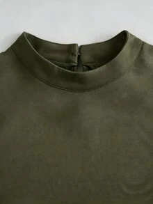 SHEIN Franclia 亞洲新中式簡約小立領無袖上衣與對比色裙組，杏色 2 件套 - 橄欖綠 - 查看 4