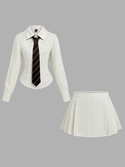 Sweetra Autumn/Winter Fashion Design Women's Clothing Light Apricot College Style Striped Fitted Long Sleeve Shirt With Pleated Low Waist Skirt And Brown Vintage Tie Casual Commute Style 2 Pieces Set