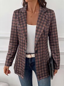 SHEIN Clasi 女款格紋翻領單扣休閒西裝外套 - 彩色 - 查看 5