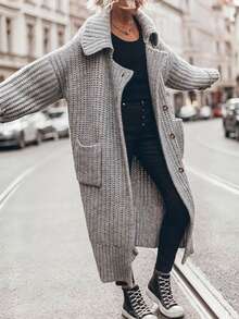 Elafinee Women's Solid Color Dropped Shoulder Long Sleeve Single-Breasted Knit Cardigan - Grey - View 2