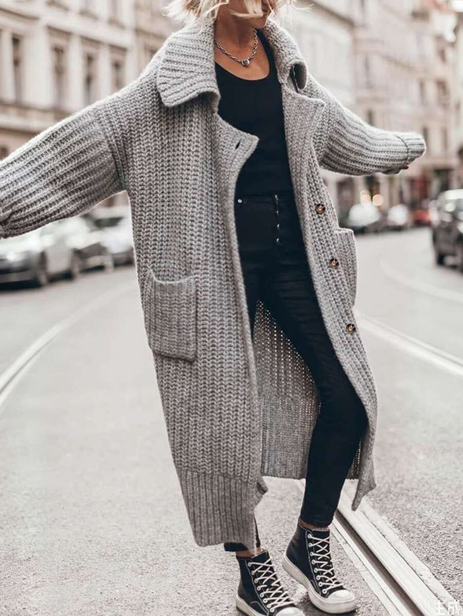Elafinee Women's Solid Color Dropped Shoulder Long Sleeve Single-Breasted Knit Cardigan