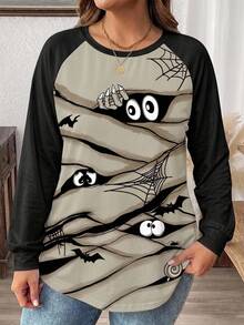Comfylo 萬聖節趣味小鬼圖案大尺碼女款休閒落肩袖圓領寬鬆版型T恤，適合春秋穿著 - 彩色 - 查看 3